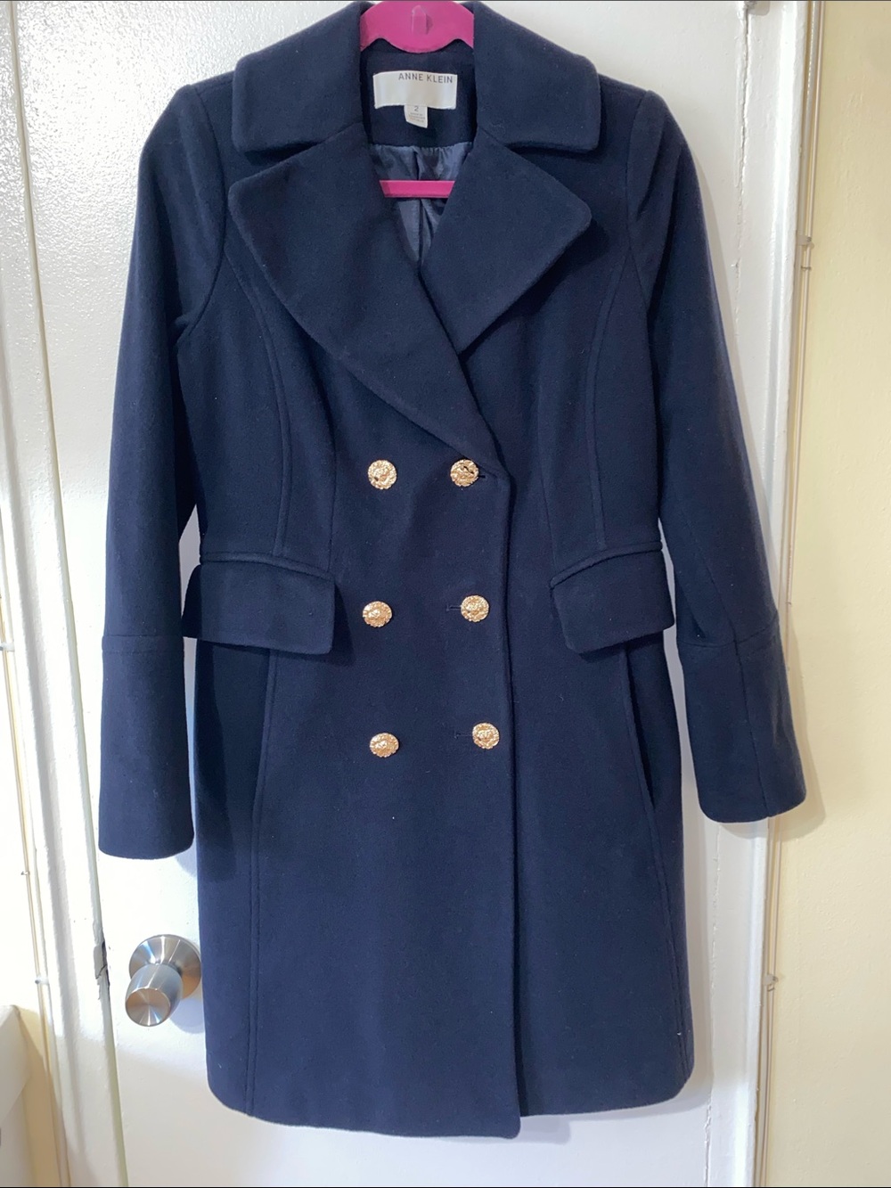 Anne Klein Navy Double-Breasted Pea Coat with Gold Buttons Size 2